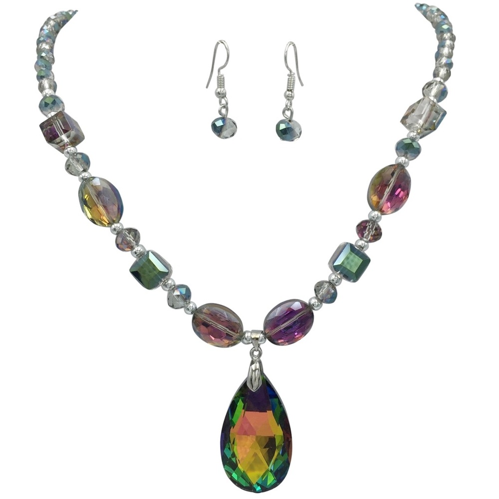 Vitrail Medium Rainbow Glass Teardrop Necklace Earrings Set